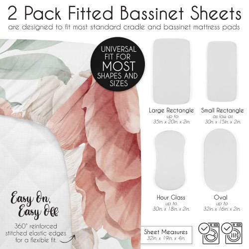 Sweet Jojo Designs Boho Shabby Chic Floral Girl 2 Pack Baby Bassinet Fitted Sheets Solid Pink Ivory Bohemian Vintage Watercolor