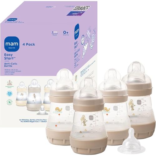 MAM 5oz Easy Start Anti-Colic Baby Bottles, Slow Flow with Bonus Medium Flow Nipple, Reduces Colic, Gas, & Reflux, Easy-to-Clean, BPA-Free, Baby Bottles for Newborns, 0-3 Months