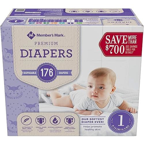 Member's Mark Premium Baby Diapers, Size 1 (8-14 Pounds), 176 Count