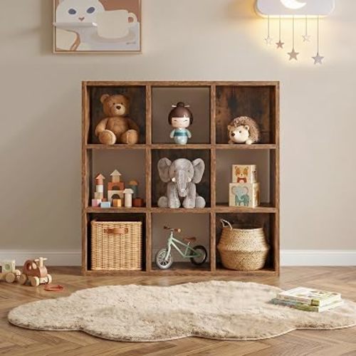 LUCKLIFE 9-Cube Storage Organizer, Stackable Modular Bookcase Shelf with Vertical or Horizontal Use, Fits 11×11" Bins, Optional Back Panels, for Living Room, Office, Vintage Brown