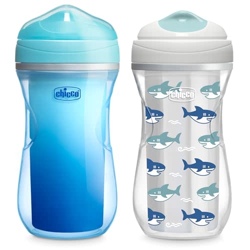 Chicco Insulated Sippy Cup 12+ Months, 9oz Toddler Training Cup with Bite-Resistant No-Spill Rim Spout, Double-Wall, BPA-Free, 2-Pack, Blue/Sharks