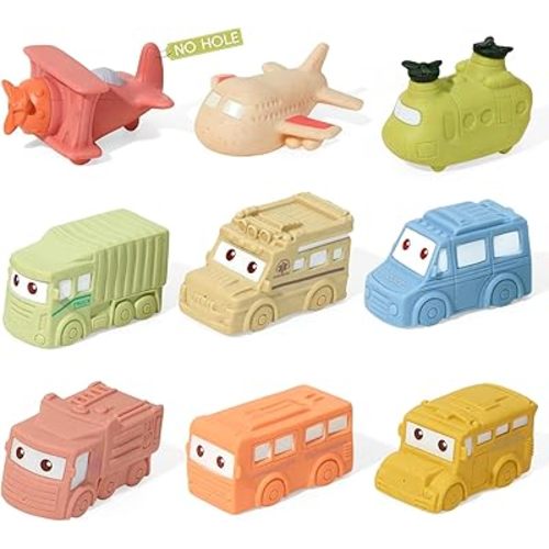 Mold Free Baby Bath Toys, 9 PCS No Hole Vehicle Bath Toys, Soft & Safe Toddler Bath Toy Set, Bathtub Water Beach Pool Toys for Babies 6-12 Months, Baby Gift for Christmas, Birthday, Stocking Stuffers