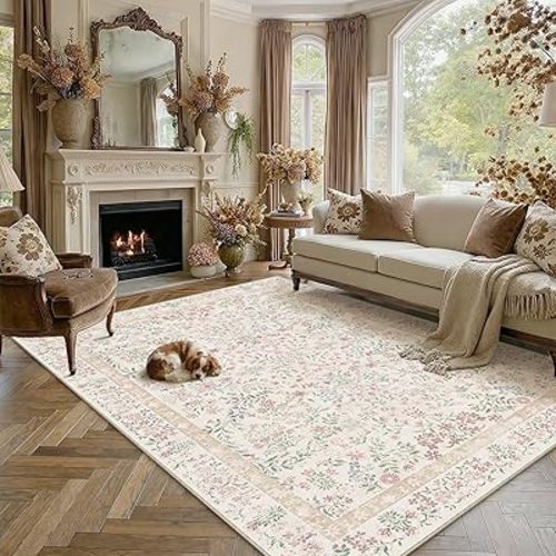 PureCozy 6x9 Pink Area Rug for Living Room Bedroom Washable Vintage Floral Carpet Low Pile Non Slip Botanical Aesthetic Dining Room Soft Accent Throw Rug Nursery Office Indoor