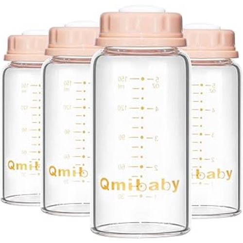 Natural Glass Baby Bottle 150ml 5oz Standard Neck Breast Milk Storage Bottles Compatible with Medela Breast Pumps for Breastmilk Storage Bottle Breastfeeding BPA-Free 4 Pack (Pink Lids)