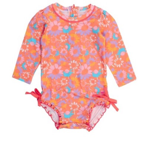 Rufflebutts Baby Girls Upf50+ Long Sleeve One Piece Rash Guard - Coral Floral, 0-3m