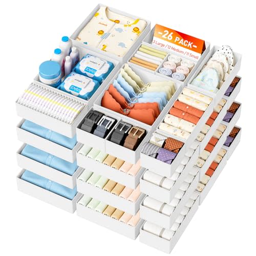 DIMJ Drawer Organizer Clothes 26 Pack - Foldable Baby Organizers and Storage & Closet Organizers for Bedroom, Closet - Nursery Organization Dresser Dividers for underwear, Sock,Bra, Belt, Tie,White