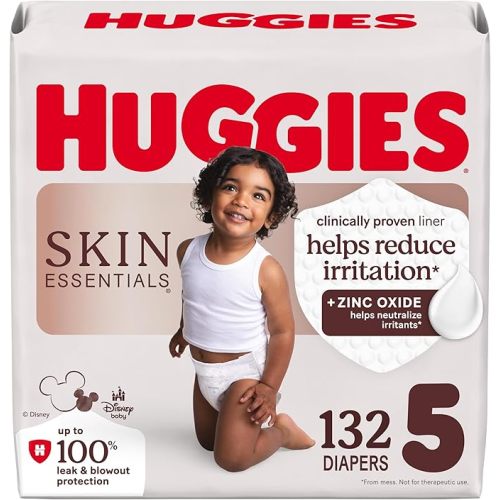 Huggies Size 5 Diapers, Skin Essentials Baby Diapers, Size 5 (27+ lbs), 132 Count (2 Packs of 66), Packaging May Vary