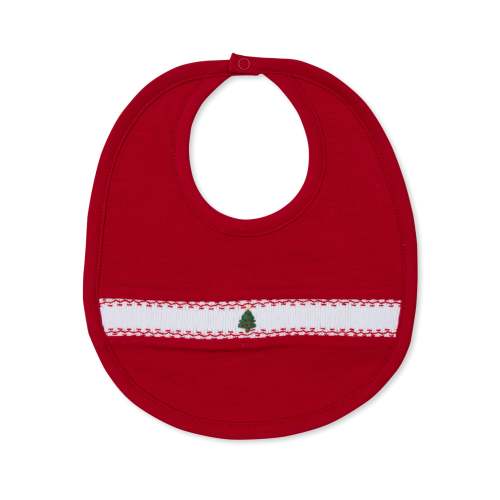 CLB Holiday Medley 25 Red Christmas Tree Hand Smocked Bib