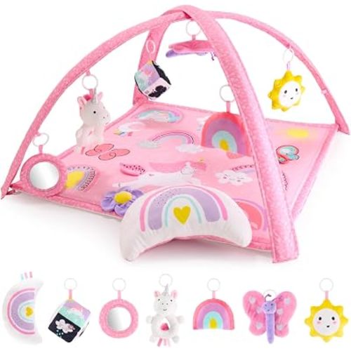 Peanutshell Baby Girl Rainbow Paradise 7-in-1 Play Gym - Playmat Toys for Newborns, Infants: 0-6, 6-12 months Tummy Time Mat with Hanging Toys, Soft Padded