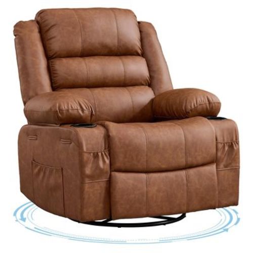 360° Swivel Rocker Recliner Chair, Manual Glider 3 Positions 2 Cup Holders 4 Pockets, Brown PU Leather