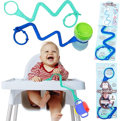 Brilli Baby Cup Catcher Patented Safety Tether Strap, Attach Sippy Cups, Bottles, Pacifiers & More to Stroller, High Chair, Car Seat, Made in USA, Food Grade, Dishwasher Safe (Aqua & Navy)