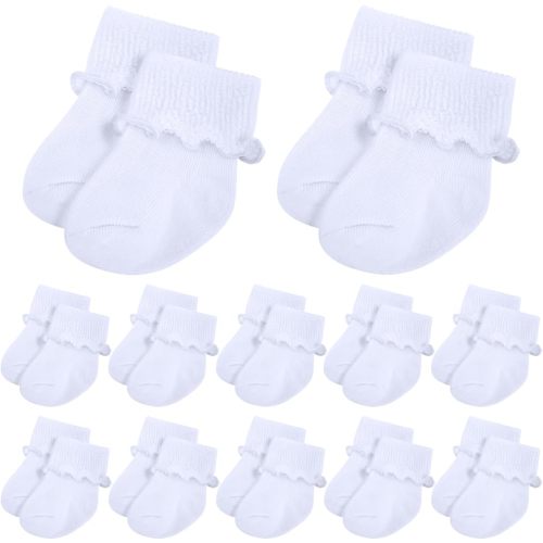 Toulite 12 Pairs Preemie Socks Baby Girls Boys Cotton Premature Ruffle Turn Cuff Sock for Hospital NICU Newborn(White,Minimalist Style)