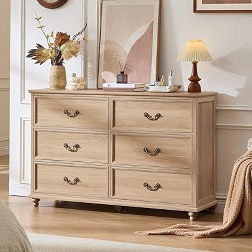 Farmhouse 6 Drawers Dresser for Bedroom, Vintage 54" Wide Chest of Drawers w/ 4 Wooden Legs, Rustic Large Closet Storage Dressers Organizer for Hallway, Wood TV Stand for Living Room, Natural