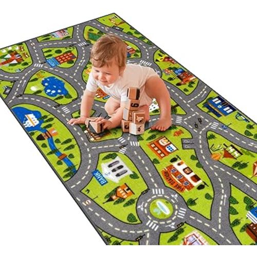 STARUIA Washable Kids Play Rug for Playroom, Boys Car Rug for Kids Toy Cars Have Fun Safely, Non-Slip Educational City Road Rugs Carpets for Kid Room Bedroom, 60" x 32"