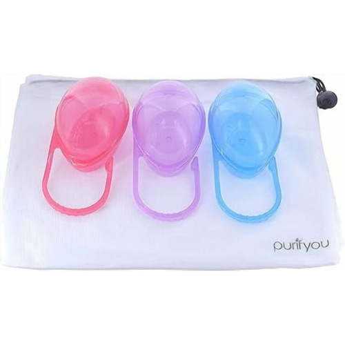 purifyou PurePouch BPA-Free Pacifier Case Holder & Nipple Shield Case, Hold Up to Two and Three Pacifiers and Pacifier Clips Per Container with Free Mesh Sack (Set of 3, Mixed)
