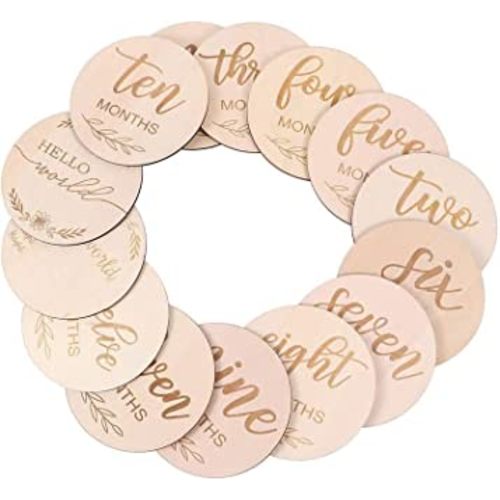 1 Set (12 Pieces) Monthly Milestone Cards, Wooden Milestone Discs Pregnancy Journey Double Sided Milestone Cards for Newborn Photo Props Shower Gifts