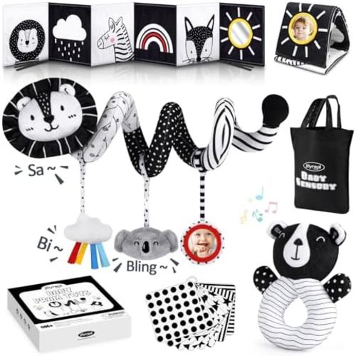 Joyreal High Contrast Baby Toys for Newborn, Black and White Baby Sensory Toys with Car Seat Toys,Infant Toys with Black White Cards Book, Montessori Toys for Baby Gifts
