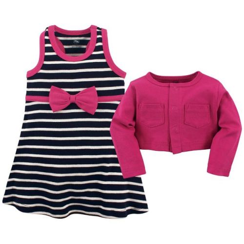 Hudson Baby Infant and Toddler Girl Cotton Dress and Cardigan 2pc Set, Berry Navy, 0-3 Months