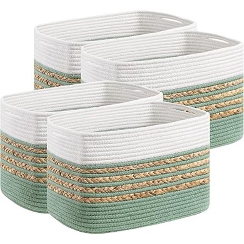 UBBCARE 4 Pack Baskets for Organizing, Woven Storage Baskets for Toys and Towel, Rectangle Cotton Rope Basket with Handles, 14''L x 8''W x9''H, Green