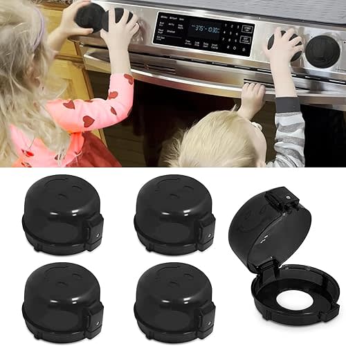 Oven Knob Covers for Child Safety 5 Pack, Black Stove Knob Safety Covers & Gas Stove Locks, Heat-Resistant Adhesive, Double-Key Baby Proof Covers for Gas/Electric Burners,Childproof Protector for Kids