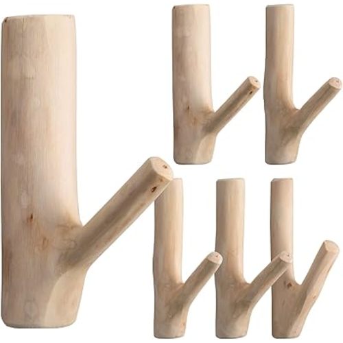 Jetec 6 Pieces Tree Branch Wood Wall Hook Set Rustic Towel Hook Decorative Wood Adhesive Coat Rack Wall Mount Woodland Nursery Decor Strong Suction Hanger for Coat Key Holder Hanging (White)