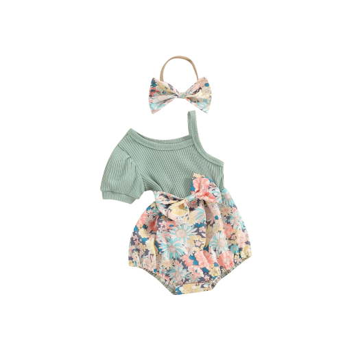 Suealasg Baby Girl 2 Piece Outfits Newborn Short Sleeve One Pieces Jumpsuits One Shoulder Floral Print Rompers Dress with Headband Summer Clothes 0-12 Months