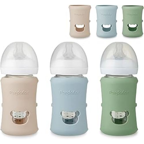 PandaEar 3 Pack Silicone Sleeves for Philips Avent Natural Glass Baby Bottles 8 oz, Shatterproof & Heat Resistant Bottle Holder, BPA-Free, Compatible with 8 oz Avent Glass Bottles, Blue Green Beige