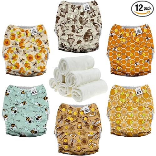 Mama Koala 3.0 Pocket Cloth Diapers for Babies with AWJ Lining, 6 Pack with 6 4-Layer Natural Cloth Diaper Inserts - Reusable and Washable Pocket Diapers(Hardworking Bees)