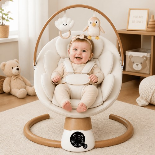 PRVAETU Baby Swing for Infants,Bluetooth Control 5-point Harness Newborn Swing,5 Sway Speed,10 Lullabies,3 Timers,Beige
