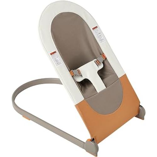 Boon Slant Portable Baby Bouncer - Folding Baby Seat for Infants - Lightweight Portable Baby Chair with Machine Washable Fabric and 3-Point Harness - Tan