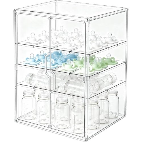 Baby Bottle Organizer, 4-Tier Large Capacity Bottle Storage for Countertop with Double Magnetic Doors, Clear Bottle Station Organizer with 3 Adjustable Dividers for Baby Pacifiers, Pump Parts
