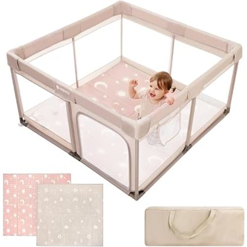 Baby Playpen with Mat, 50x50 in Small Play Pen for Babies, Toddler Playpen for Apartment, Indoors Play Yard with Soft Breathable Mesh (Beige)