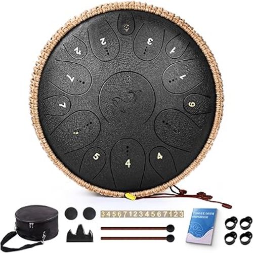 Steel Tongue Drum, 12 Inch 15 Note Tongue Drums, C Key Steel Percussion Instrument for Kid's Adults, Handpan Drum with Drum Mallet, Music Book and Carry Bag (Black)