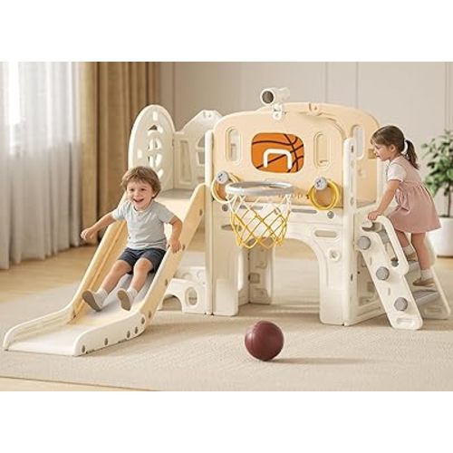 XJD 8 in 1 Toddler Slide Set, Kids Slide for Toddlers Age 1+, Climber Slide PlaySet with Basketball Hoop and Ball,Outdoor Indoor Playground for Toddlers 1-3 (Blue, Small)