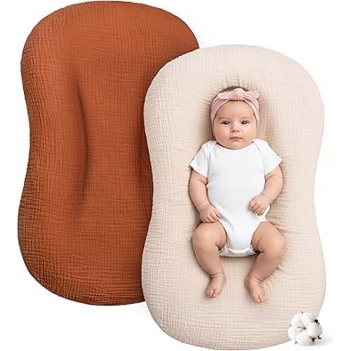 Muslin Baby Lounger Cover 2 Pack, Cotton Soft Breathable Infant Nest Slipcovers, Envelope Closure, Compatible with Snuggle Me Loungers, Machine Washable, Cover Only, for Boys Girls(Brown & Beige)