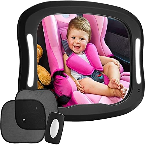 FITNATE LED Baby Car Mirror, Safety Infant in Backseat 360°Adjustable Light Up Mirror for Baby Rear with Best Newborn Secure 4 Sturdy Strips,Remote Control and 2 Car Sun Visors
