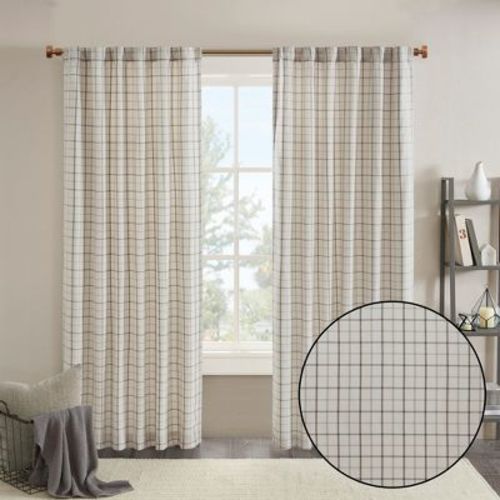 Fleece Lining Plaid Weave Window Curtain Panel, Faux Leather Textured Light Filtering Curtain for All Seasons