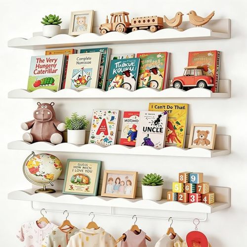 Fixwal Nursery Shelves, 24 Inch Floating Bookshelves for Wall Set of 4, Scalloped Wall Book Shelves with Towel Rack for Kids, Toddler Room, Baby Room, Nursery Decor and Storage(White)