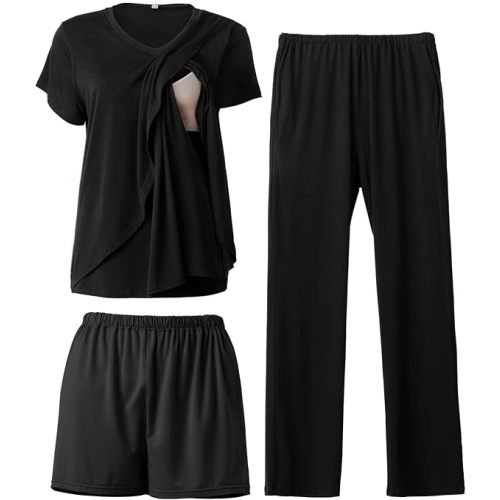 Rnxrbb V Neck Nursing Pajamas Set 3 Pack Postpartum Pjs Breastfeeding Sleepwear for Women Double Layer with Pockets,Black-M