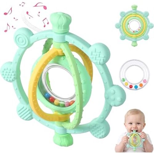 Baby Ring Teething Toys with Rattle for 3 Months+, BPA-Free, Green