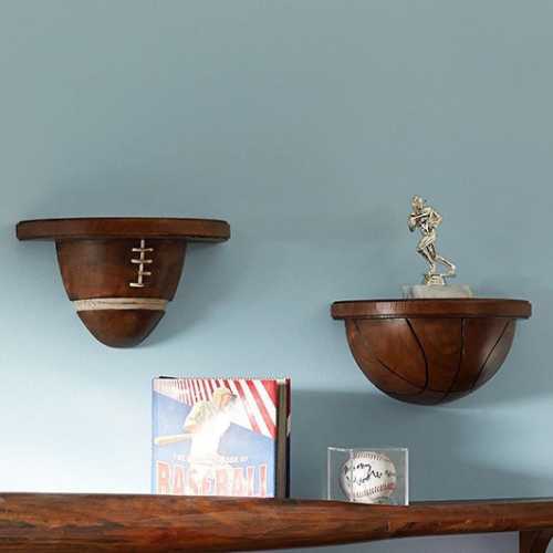 Pottery Barn teen Sports Wall Shelves Set Brown Wood Basketball Football decor