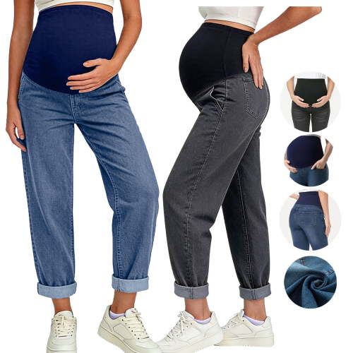 Frostluinai Women's Maternity Boyfriend Jeans Over Belly Stretch Comfy Loose Casual Denim Pants with Pockets for Everyday Wear