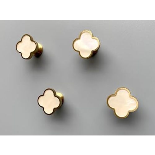Solid Brass Decorative Wall Hooks, Coat Backpack Purse Screw-In Hangers, Wall Mounted Fancy Champagne Gold Hooks (Seashell White 4 Pack)