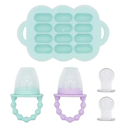 WeeSprout Silicone Baby Food Feeders + Freezer Tray for Batch Prep, Set of 2, Introduce New Foods Safely, Double as Teething Toys, Includes 2 Extra Pouches & Travel Lids, Dishwasher Safe