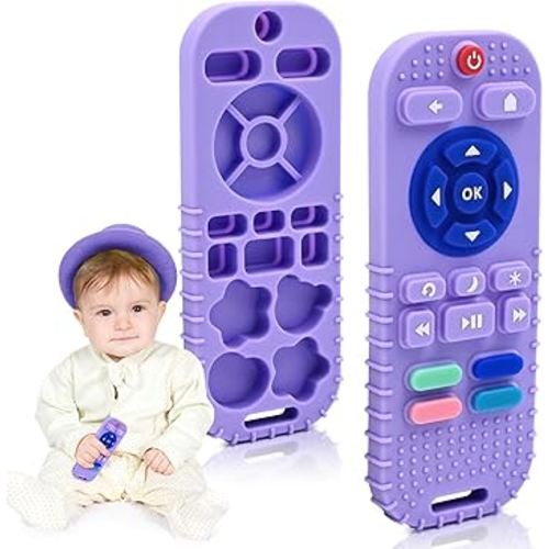 AiTuiTui Baby Teething Relief Sensory Chew Toys for 3 6 9 12 Months, Silicone Infant Teether Remote Control Bath Toy for Newborn Toddlers Boy Girl Autism Baby Shower Birthday Gifts, Purple