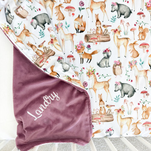 Personalized Baby Blanket - Woodland Animal Blanket - Gift for Baby Girl - Embroidered Name Minky Blanket
