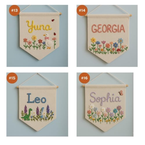 Custom Hand Embroidered Wall Hanging Banner, Personalized Linen Flag,Nursery Wall Hanging,Baby Room Decor,Banner Child's Room, Kid Name Sign