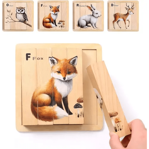 4 in 1 Wooden Animal Chunky Puzzle, 5 Solid Wood Puzzle Blocks with 4 Sides Realistic Forest Animals, Wooden Block Puzzle with Durable Base for Toddlers 3+ Years - Montessori Inspired