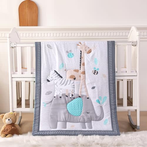 Mini Crib Bedding Set Boy, 3 Piece Baby Bedding Set Nursery Bedding Set Elephant, Giraffe, Zebra Breathable Soft for Baby Boy with Comforter, Crib Fitted Sheet and Crib Skirt, Gray