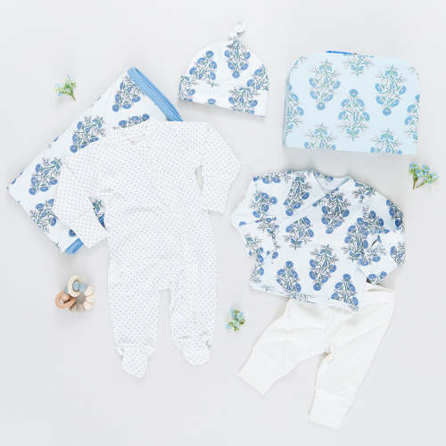 Nesting Box Baby Take Home Set - Blue Bouquet Floral Block Print (3-6mos)